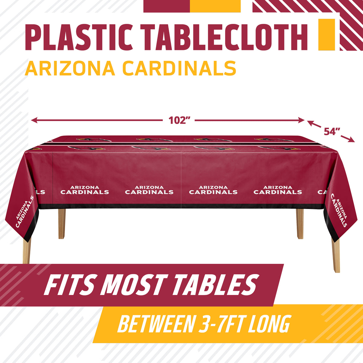 Plastic tablecloth in Arizona Cardinals colors shown draped over a table, with printed team branding and dimensions marked as 102 inches by 54 inches. Text at top reads 'PLASTIC TABLECLOTH ARIZONA CARDINALS' and bottom banner says 'FITS MOST TABLES BETWEEN 3-7FT LONG'.