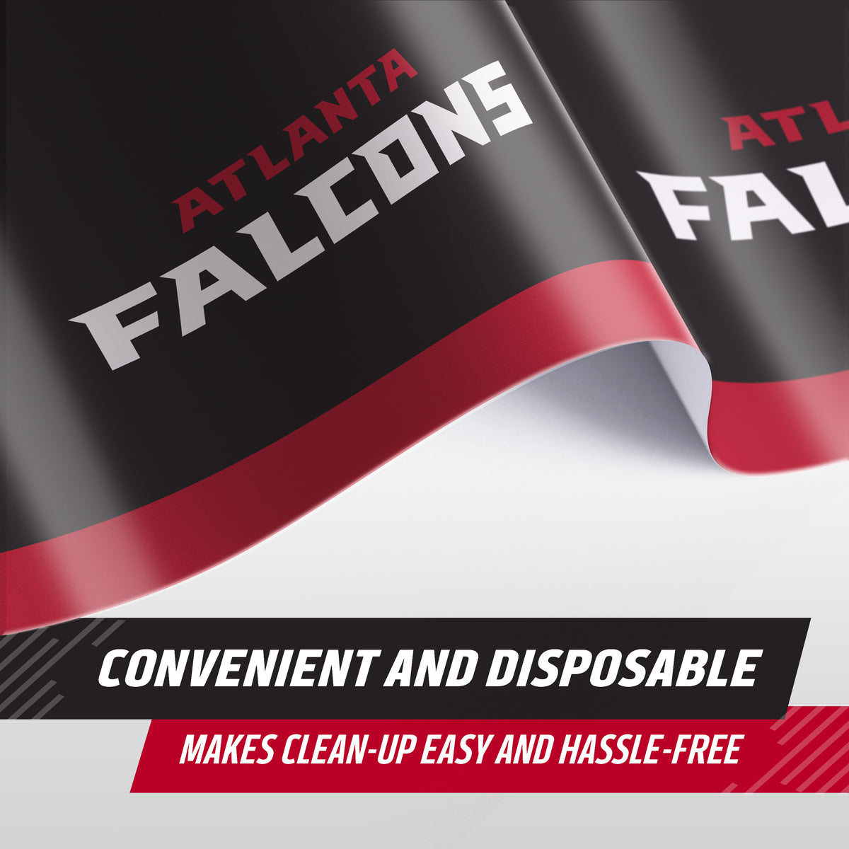 Atlanta Falcons themed disposable banner or flag with a black background, red and white logo text, and a curved bottom edge. A text banner at the bottom reads 'CONVENIENT AND DISPOSABLE' and 'MAKES CLEAN-UP EASY AND HASSLE-FREE'.