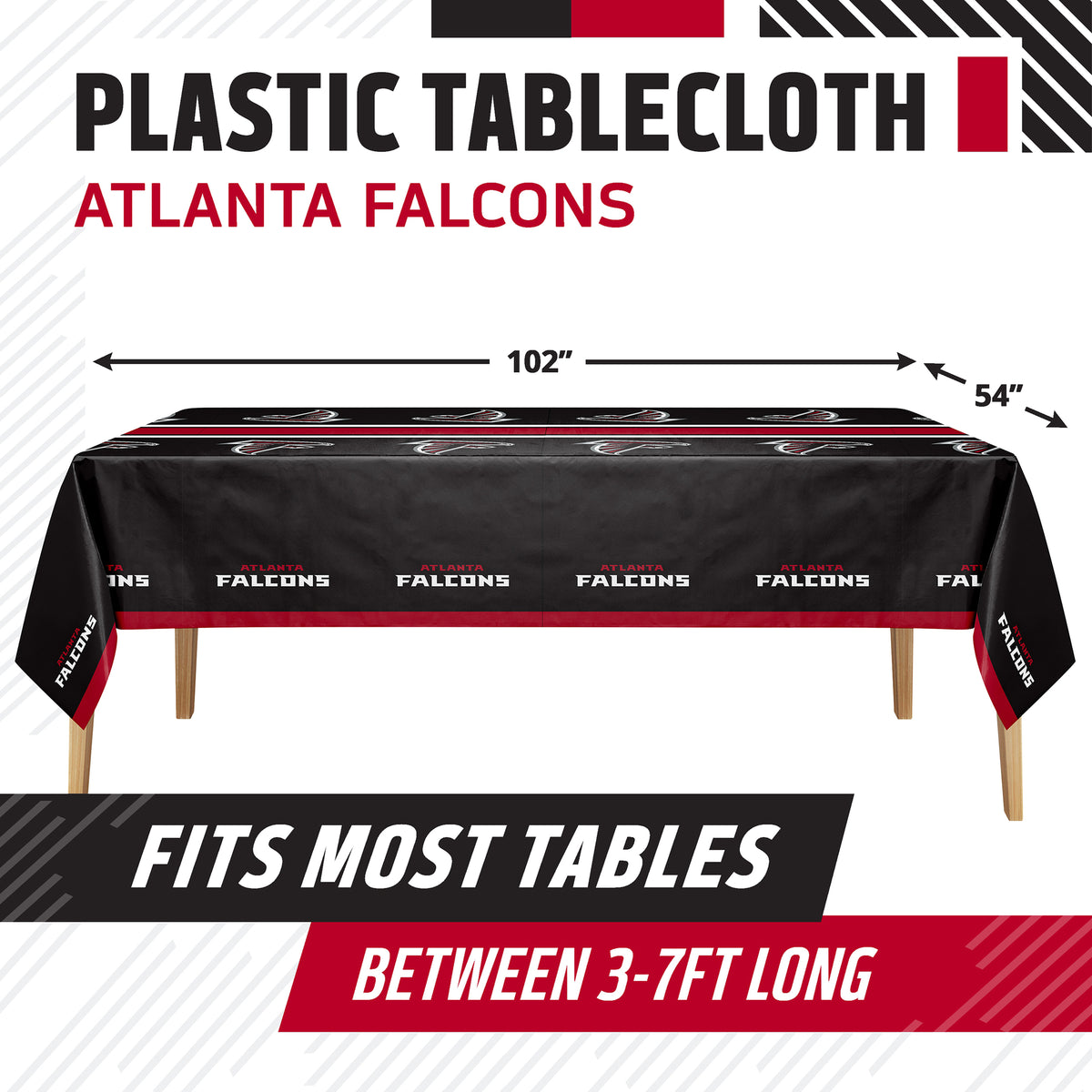 Atlanta Falcons themed plastic tablecloth shown on a table, with dimension arrows indicating 102 inches by 54 inches. Text at top reads 'PLASTIC TABLECLOTH ATLANTA FALCONS' and bottom banner says 'FITS MOST TABLES BETWEEN 3-7FT LONG'.