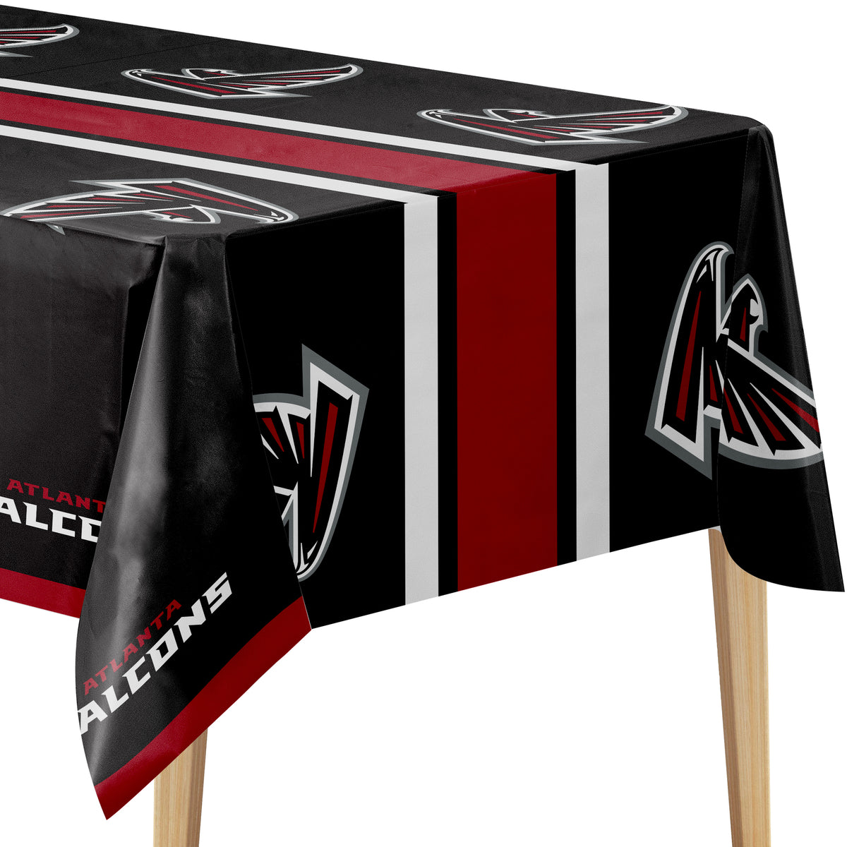 Atlanta Falcons themed tablecloth draped over a table, featuring the team logo, team name, and red, white, and black color scheme.