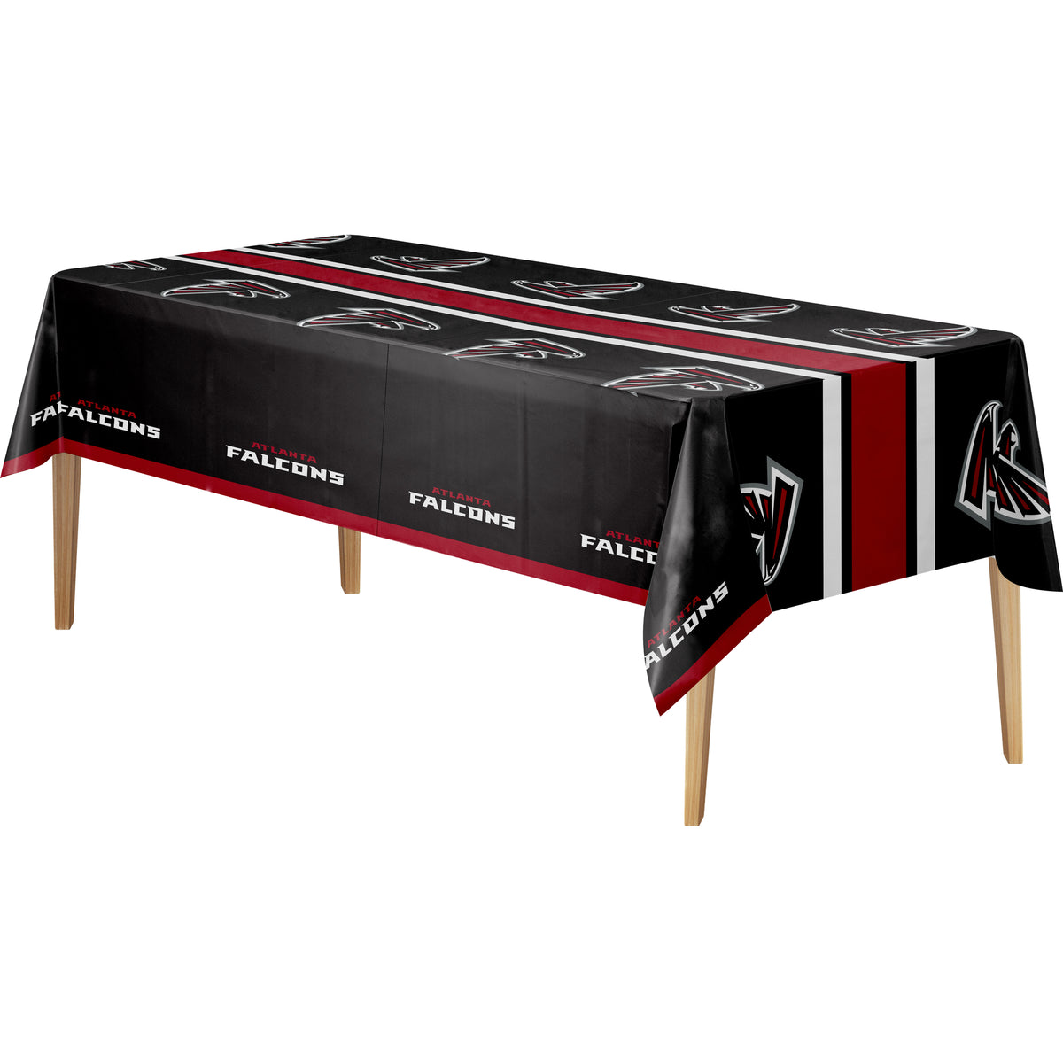 Atlanta Falcons team-themed rectangular tablecloth draped over a table with wooden legs, featuring the team logo and 'FALCONS' text on a black background with red and white stripes.
