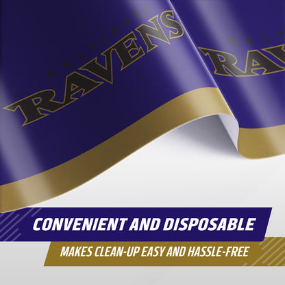 Close-up of Baltimore Ravens tablecloth with "Convenient and Disposable" text beneath