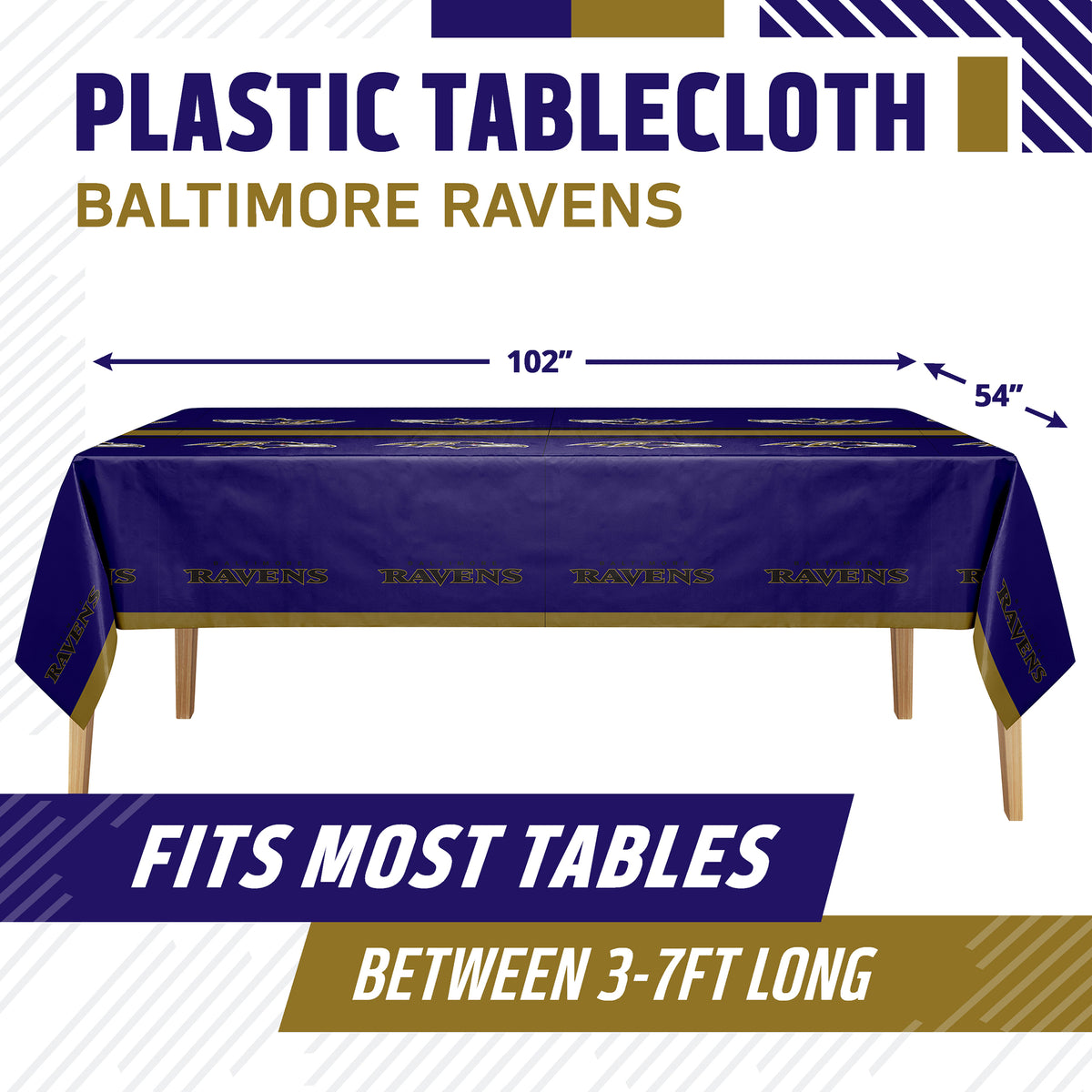 Baltimore Ravens plastic tablecloth with product dimensions and "Fits Most Tables Between 3-7ft Long" text
