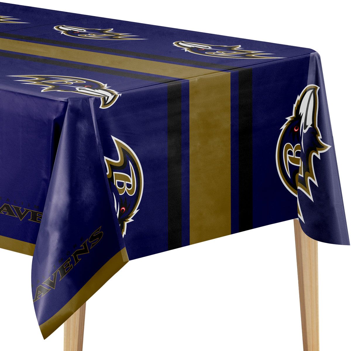 Close-up of Baltimore Ravens tablecloth on a wooden table