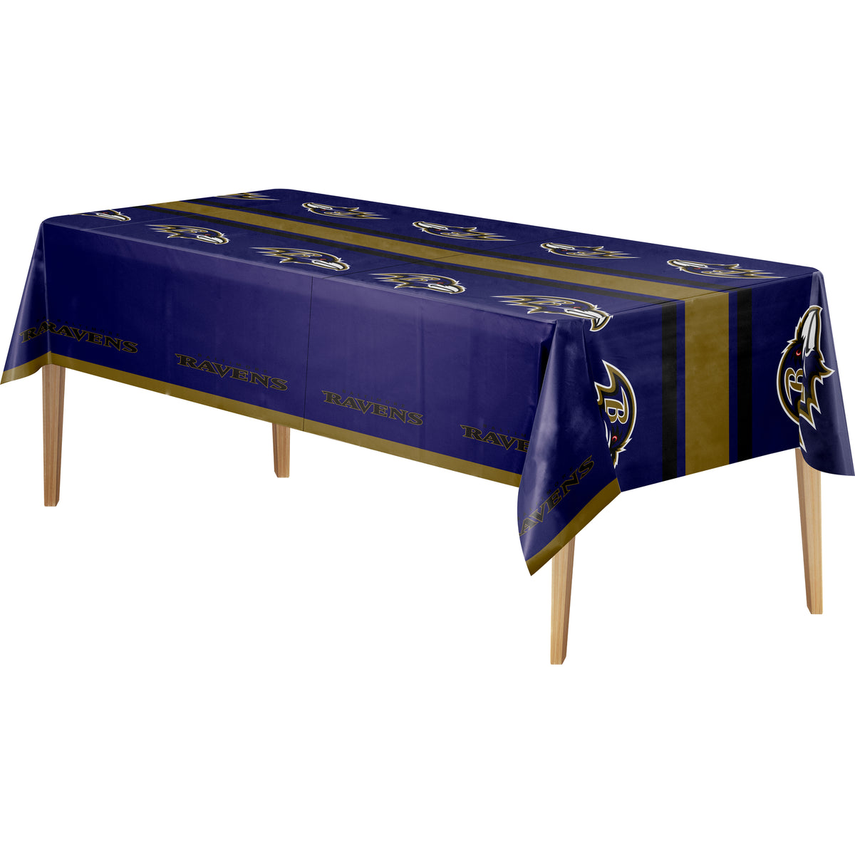 Baltimore Ravens tablecloth shown on a wooden rectangular table