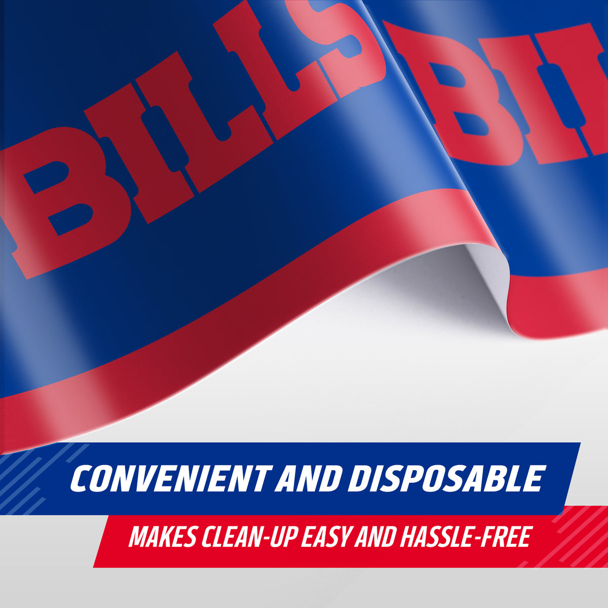 Buffalo Bills tablecloth close-up with "Convenient and Disposable" text along the bottom