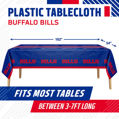Plastic Buffalo Bills tablecloth on a wooden table with product dimensions and "Fits Most Tables Between 3-7ft Long" text