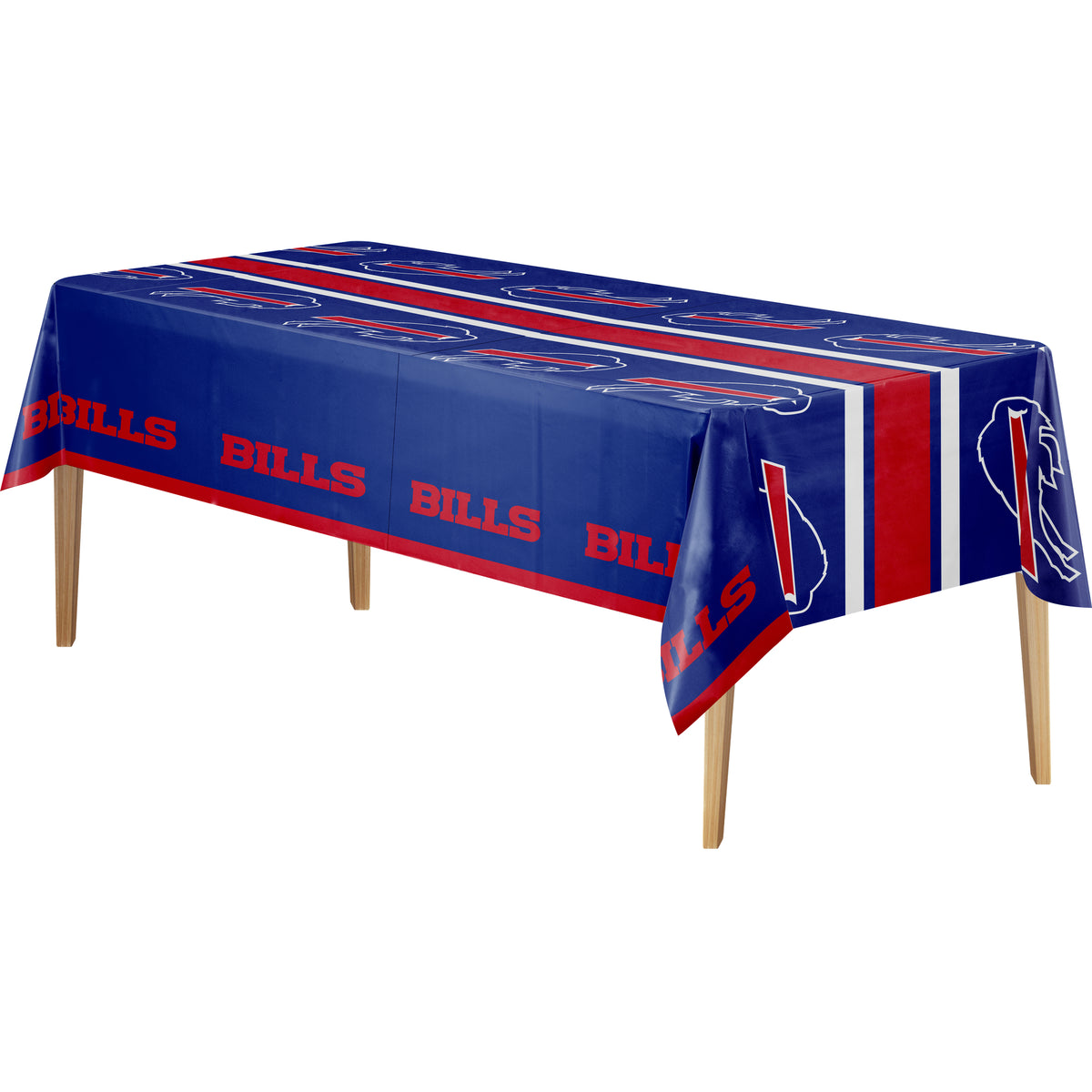 Buffalo Bills tablecloth spread out on a wooden table