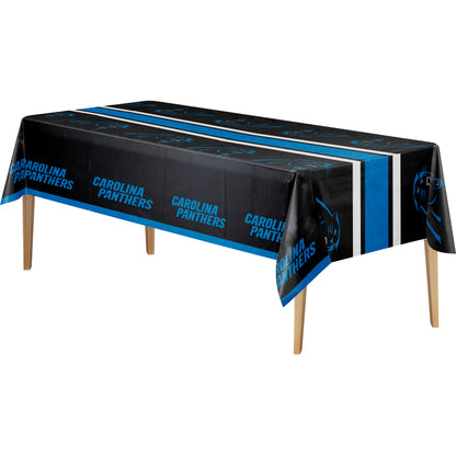Carolina Panthers tablecloths on a wooden table 