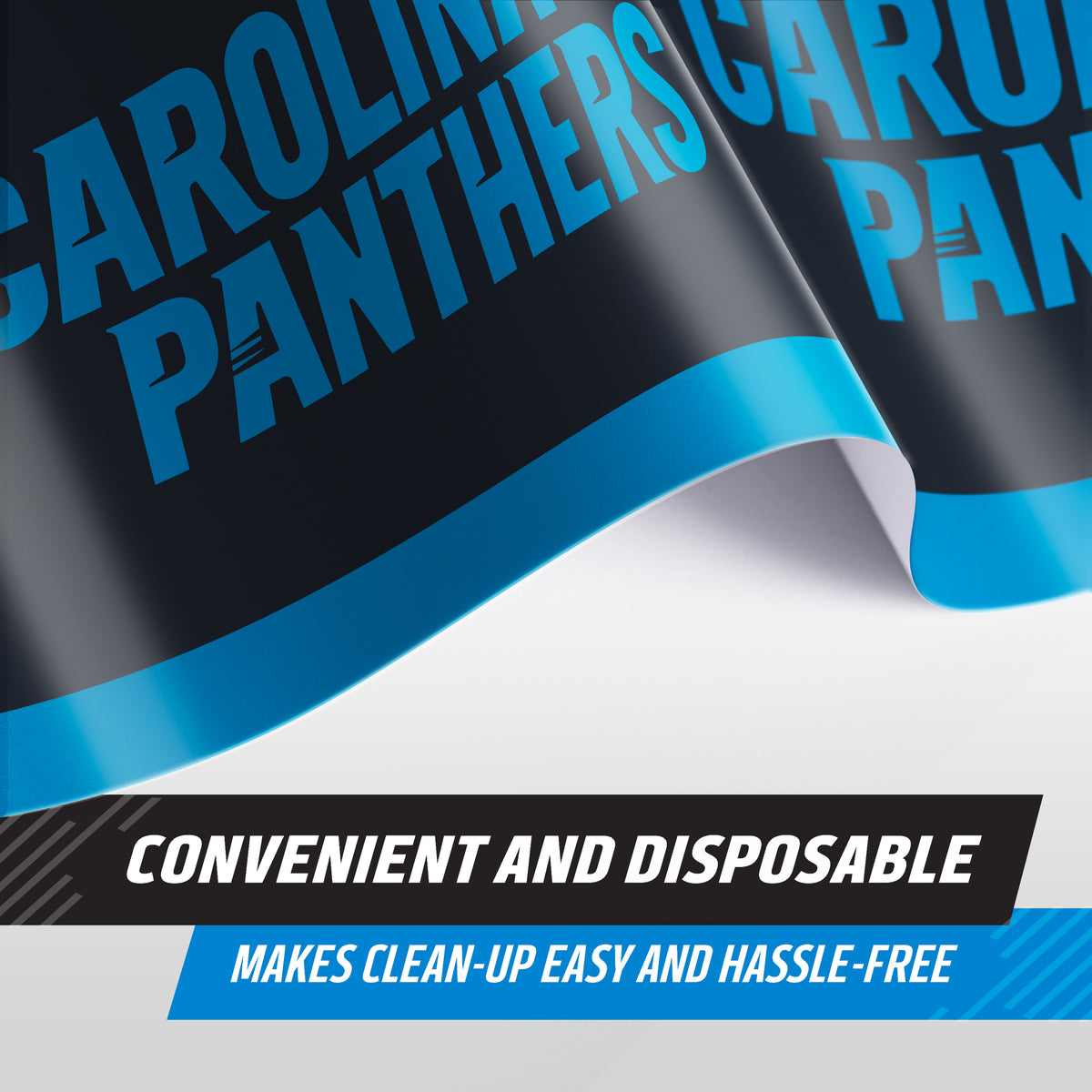 A close-up of Carolina Panthers themed tablecloth showing the black base with bright blue "Carolina Panthers" lettering and a blue accent stripe. Text overlays at the bottom read 'CONVENIENT AND DISPOSABLE' and 'MAKES CLEAN-UP EASY AND HASSLE-FREE'.