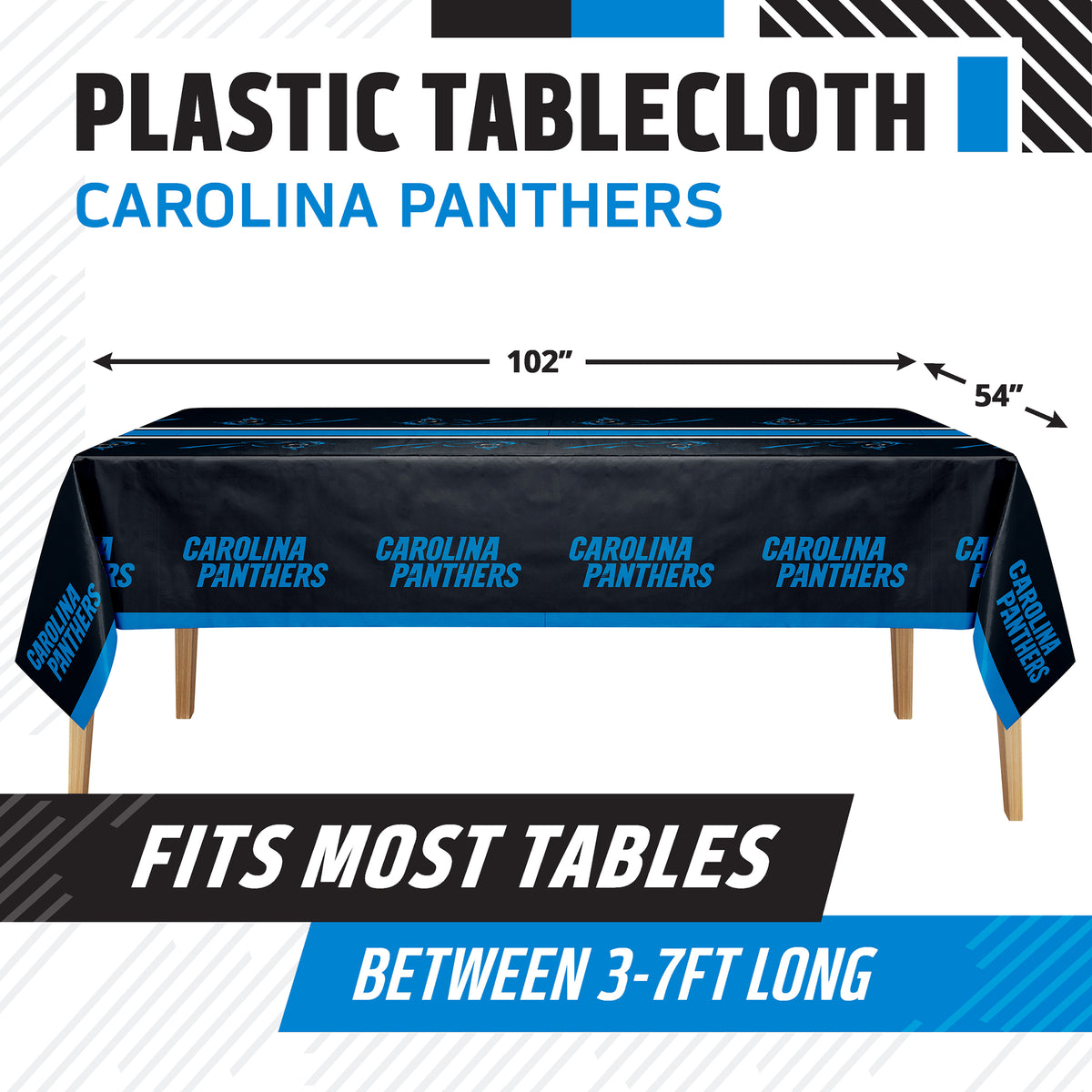 Carolina Panthers tablecloth on a wooden table with product dimensions. Text with "Fits most tables between 3-7ft long" along the bottom.