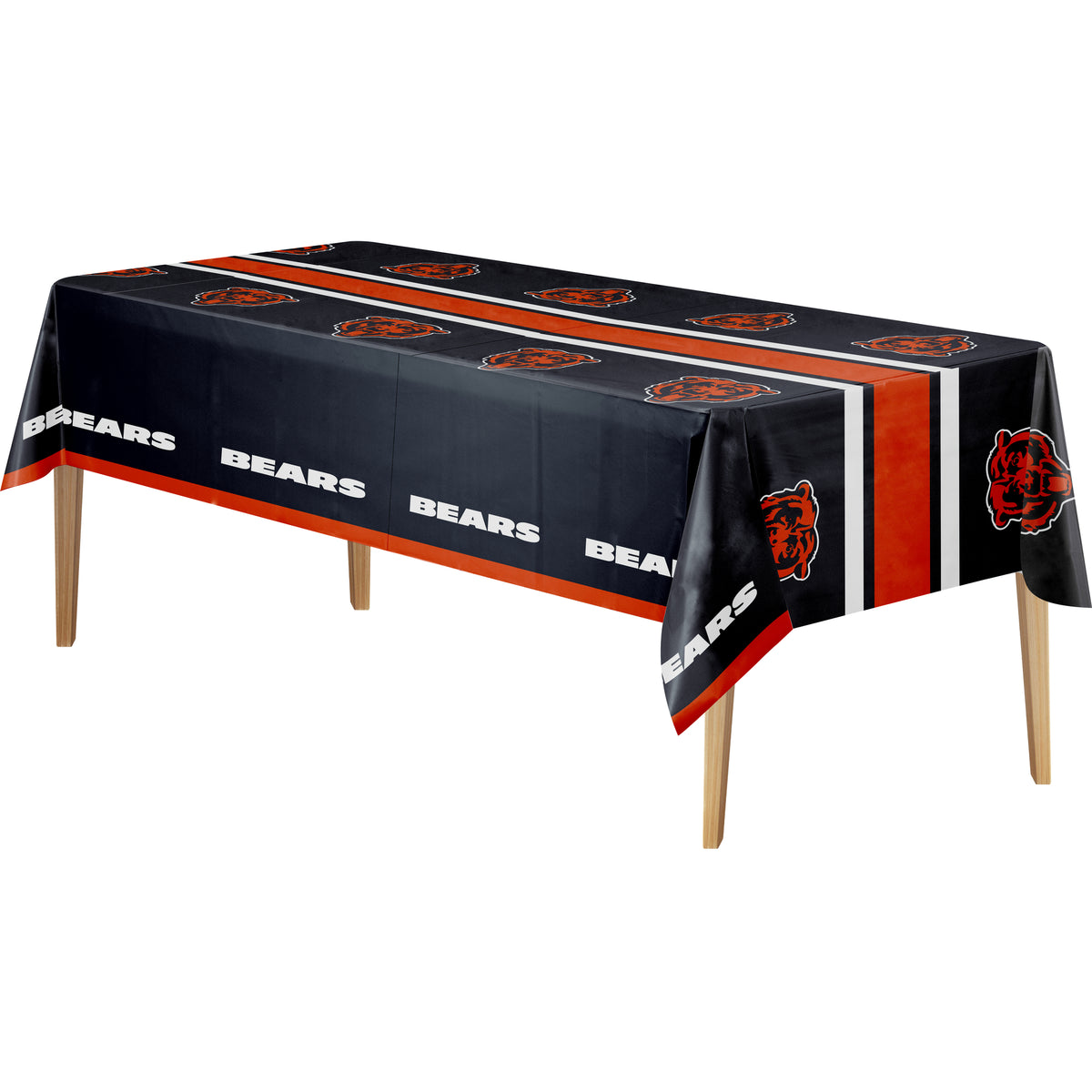 Chicago Bears tablecloth with navy background, orange Bears logo, and "BEARS" text on a wooden table