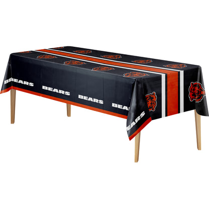 Chicago Bears tablecloth with navy background, orange Bears logo, and "BEARS" text on a wooden table