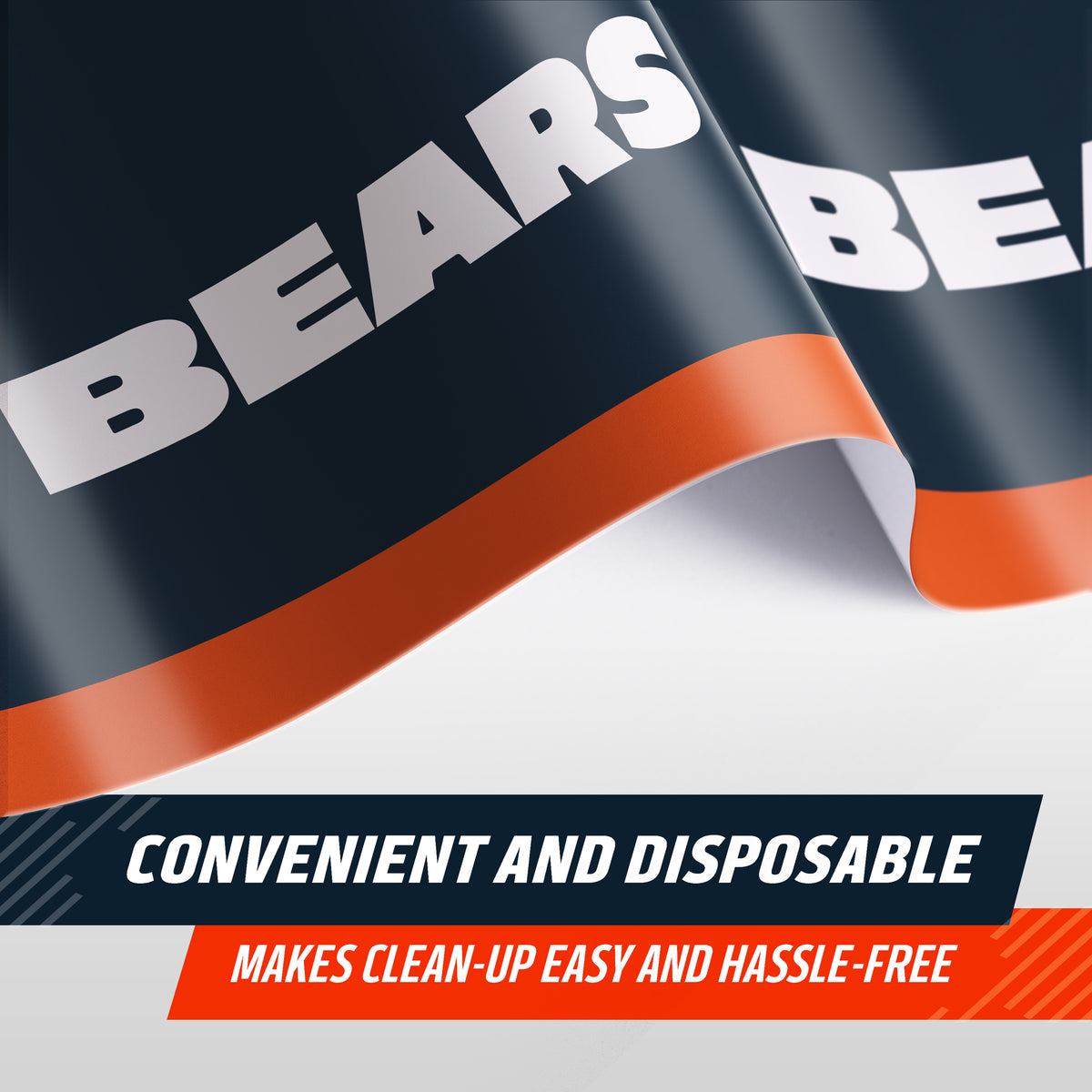 Close-up of Chicago Bears navy tablecloth with "BEARS" text. A banner stating "Convenient and Disposable" text shown along the bottom.