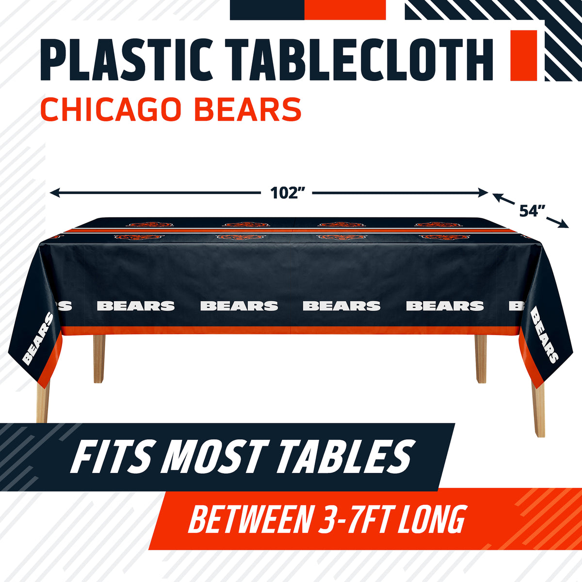 Chicago Bears plastic tablecloth shown on a table with product dimensions and "Fits Most Tables Between 3-7ft Long" text