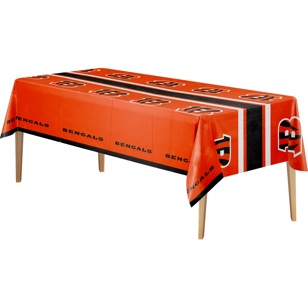 Cincinnati Bengals tablecloth with orange background, orange "B" logo, and "BENGALS" text on a wooden table