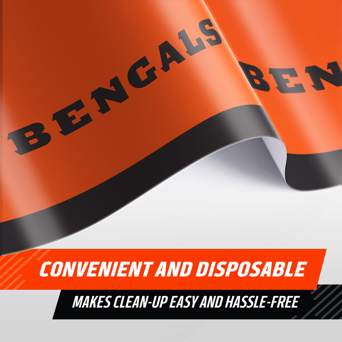 Close-up image of Cincinnati Bengals tablecloth with orange background and "BENGALS" text. "Convenient and Disposable" text banner shows along the bottom.