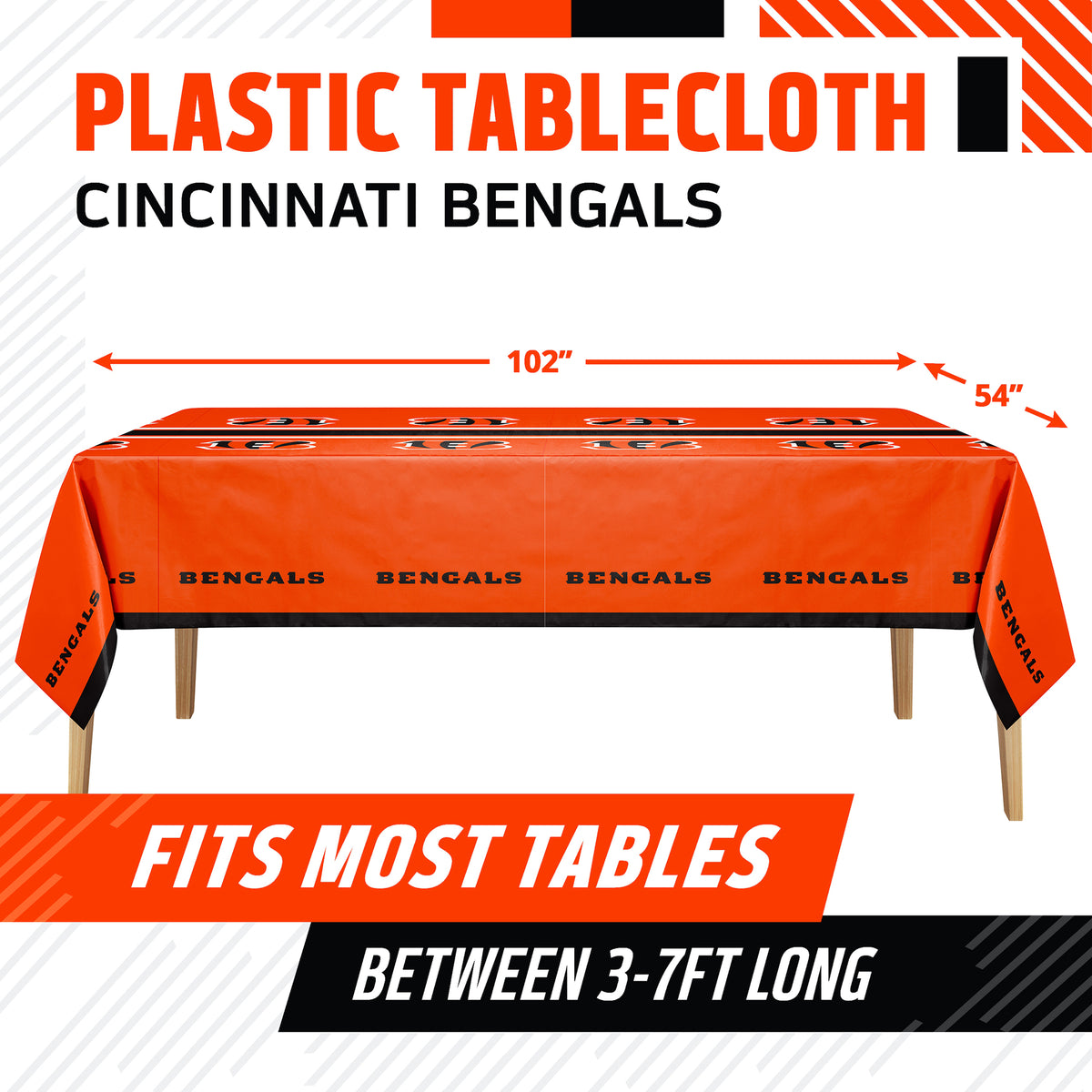 Cincinnati Bengals plastic tablecloth shown on a table with product dimensions and "Fits Most Tables Between 3-7ft Long" text