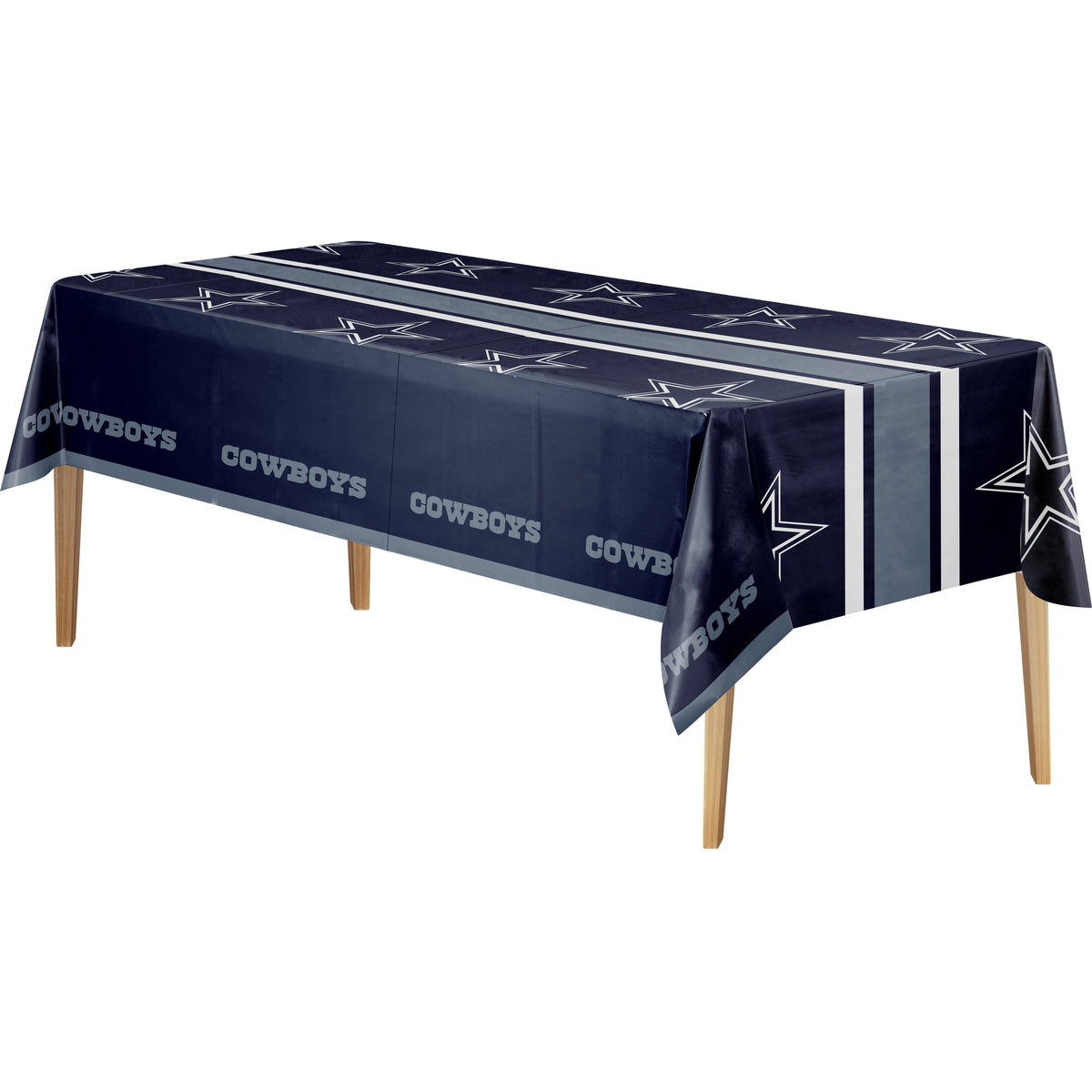A Dallas Cowboys themed rectangular tablecloth in navy blue with white and gray logo patterns, shown draped over a table with wooden legs against a plain white background.