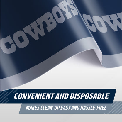 Close-up image of Dallas Cowboys tablecloth with orange background and "COWBOYS" text. "Convenient and Disposable" text banner shows along the bottom.