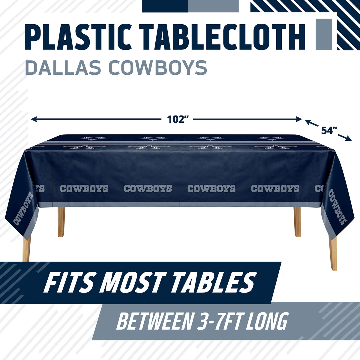 Dallas Cowboys plastic tablecloth shown on a table with product dimensions and "Fits Most Tables Between 3-7ft Long" text