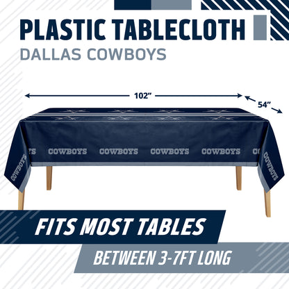 Dallas Cowboys plastic tablecloth shown on a table with product dimensions and "Fits Most Tables Between 3-7ft Long" text