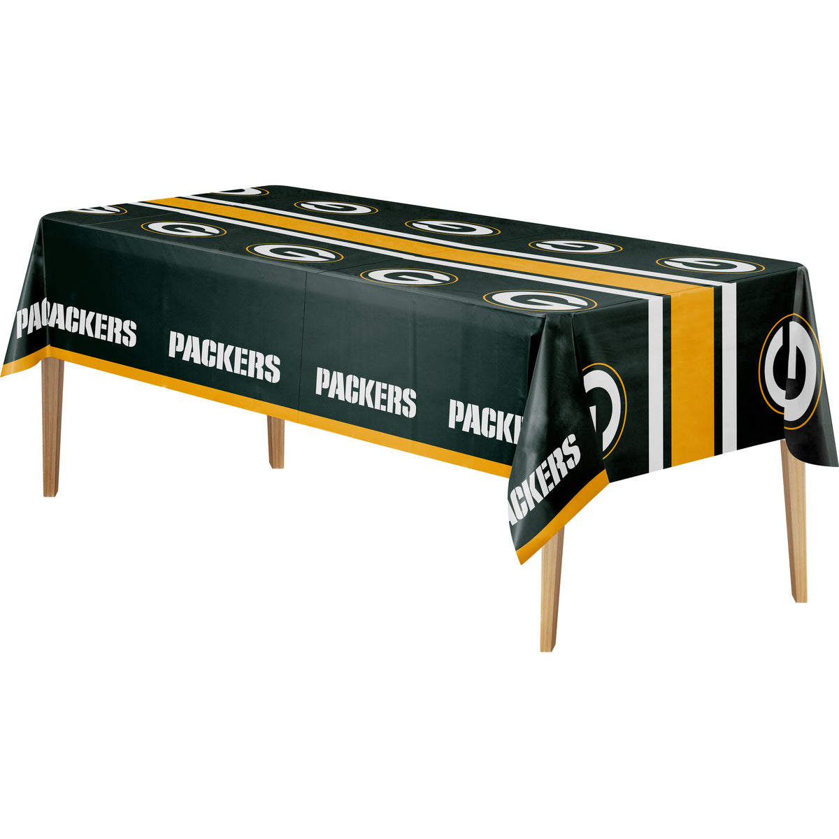 Green Bay Packers tablecloth with green background, "G" logo, and "PACKERS" text on a wooden table