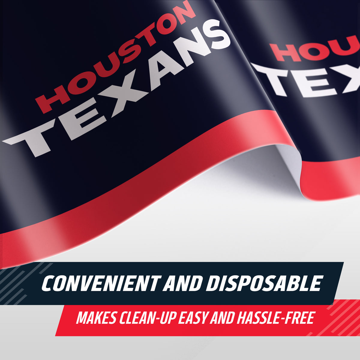 Houston Texans disposable fan or tent graphic with navy, red, and white branding, plus promotional text reading 'Convenient and Disposable' and 'Makes clean-up easy and hassle-free.'.