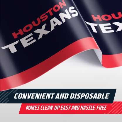 Houston Texans disposable fan or tent graphic with navy, red, and white branding, plus promotional text reading 'Convenient and Disposable' and 'Makes clean-up easy and hassle-free.'.