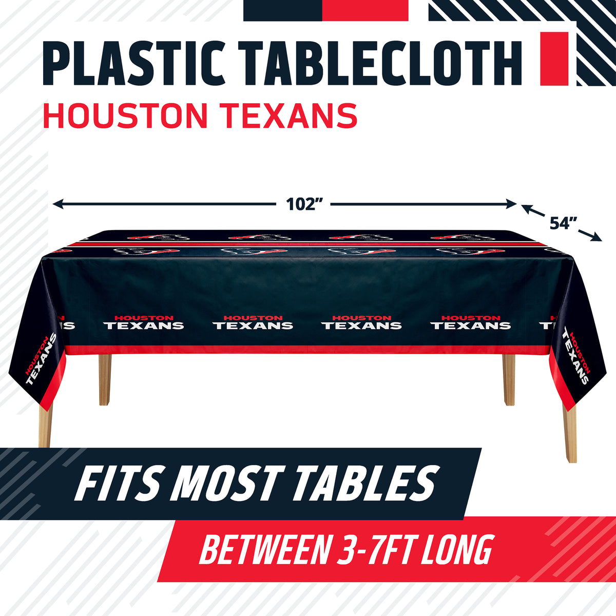 Houston Texans plastic tablecloth shown on a table with product dimensions and "Fits Most Tables Between 3-7ft Long" text