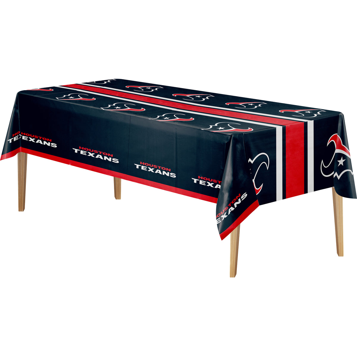 Houston Texans tablecloth with navy background, red and blue Texans logo, and "HOUSTON TEXANS" text on a wooden table