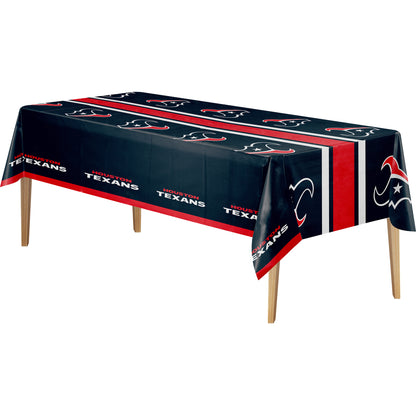 Houston Texans tablecloth with navy background, red and blue Texans logo, and "HOUSTON TEXANS" text on a wooden table