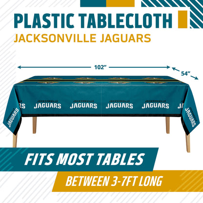 Jacksonville Jaguars plastic tablecloth shown on a table with product dimensions and "Fits Most Tables Between 3-7ft Long" text