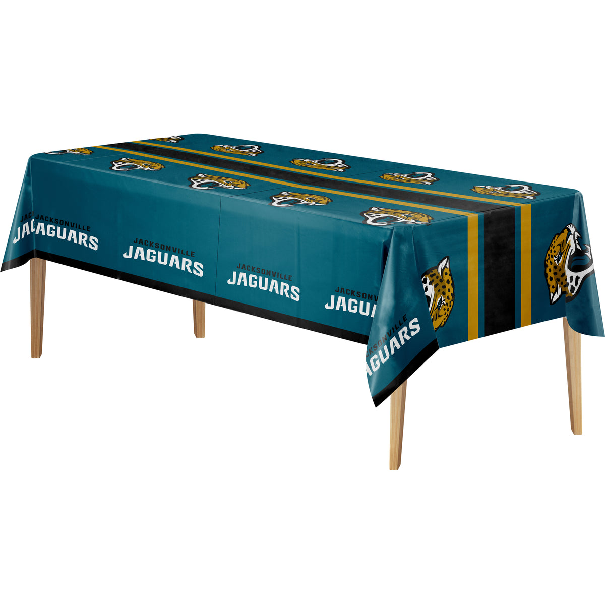 A rectangular table covered with a teal Jacksonville Jaguars themed tablecloth, shown on a plain white background. The tablecloth features the team name, jaguar logos, and a black and gold center stripe, with the wooden table legs visible underneath.