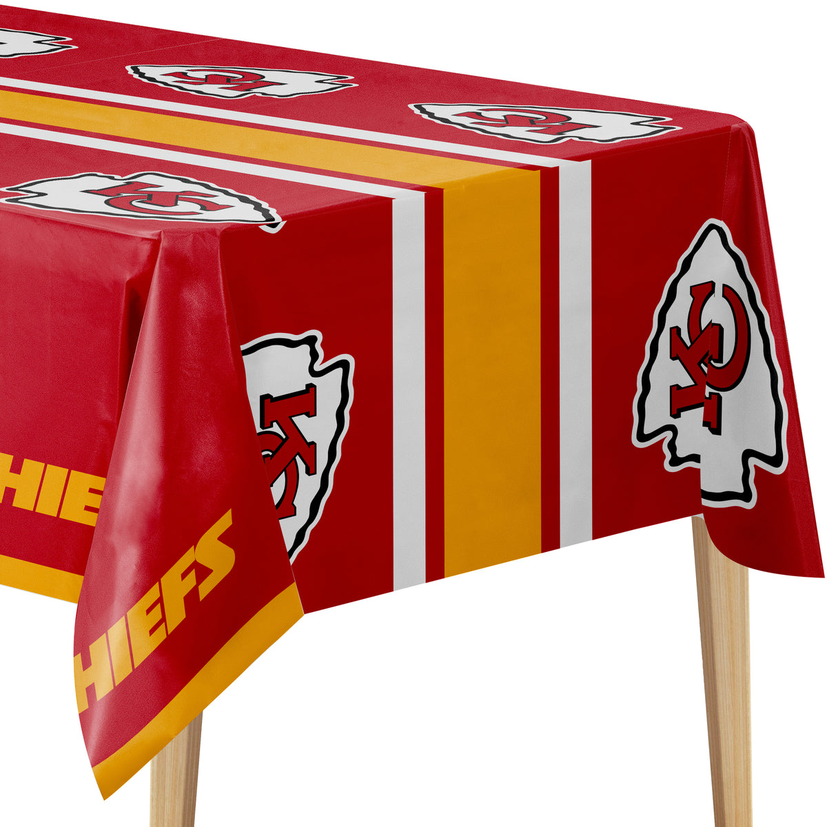 Kansas City Chiefs themed rectangular tablecloth with a red background, gold and white vertical stripes, and repeated team logos, shown draped over a table on a white background.