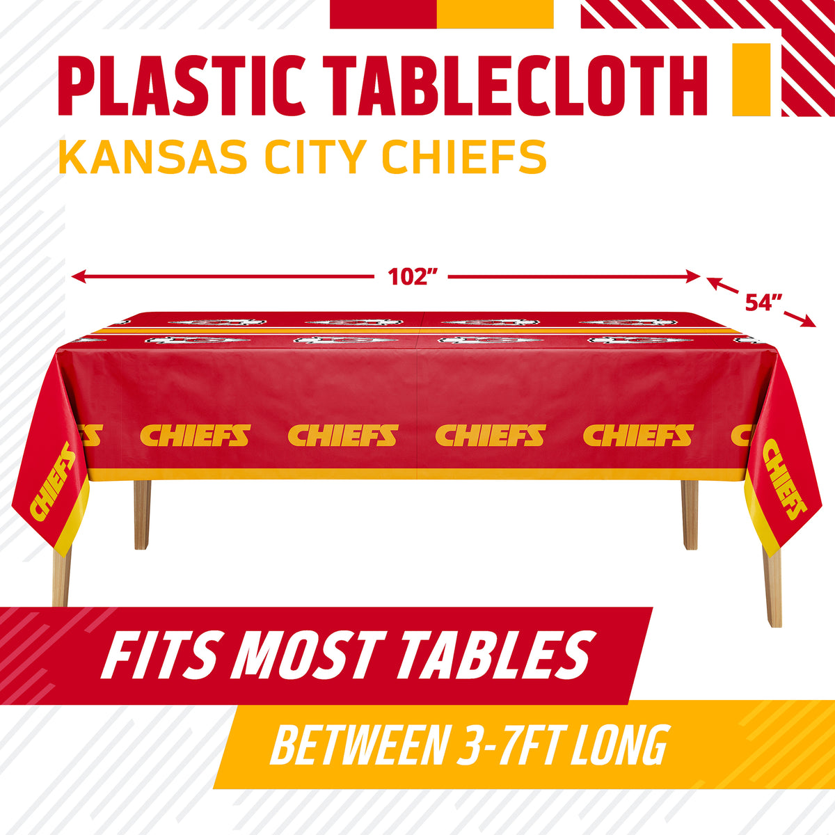 Kansas City Chiefs plastic tablecloth shown on a table with product dimensions and "Fits Most Tables Between 3-7ft Long" text