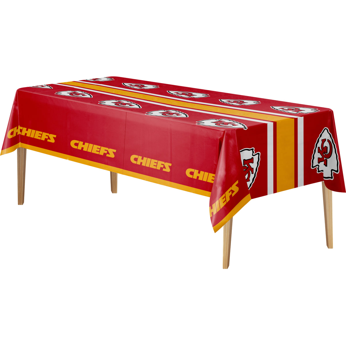 A rectangular table covered with a red Kansas City Chiefs themed tablecloth, shown on a plain white background. The tablecloth features the team name 'CHIEFS' in yellow, the team logo, and white and yellow stripes.