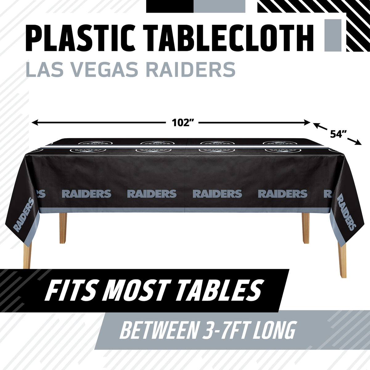 Las Vegas Raiders plastic tablecloth shown on a table with product dimensions and "Fits Most Tables Between 3-7ft Long" text