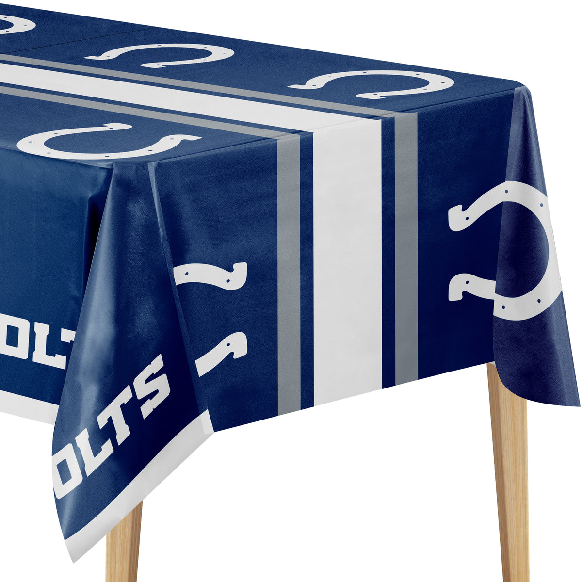 A blue tablecloth with white stripes and Indianapolis Colts logos, draped over a table with wooden legs visible against a white background.