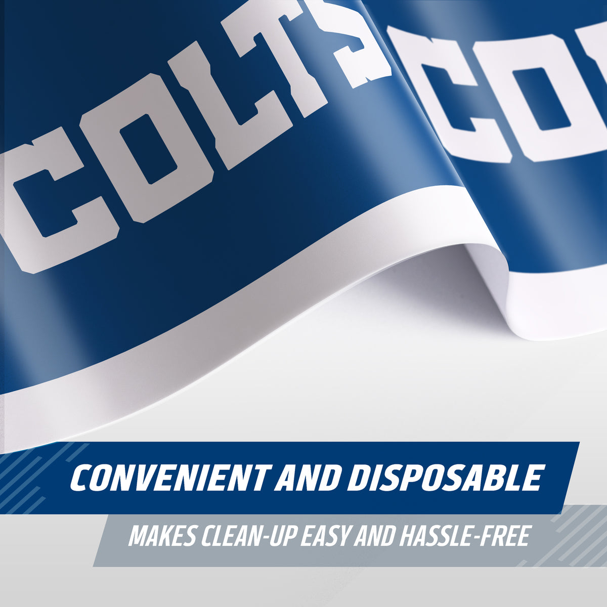 A close-up of a blue and white Colts tablecloth with bold white lettering with 'COLTS' on a blue background, shown with text overlays reading 'CONVENIENT AND DISPOSABLE' and 'MAKES CLEAN-UP EASY AND HASSLE-FREE'.