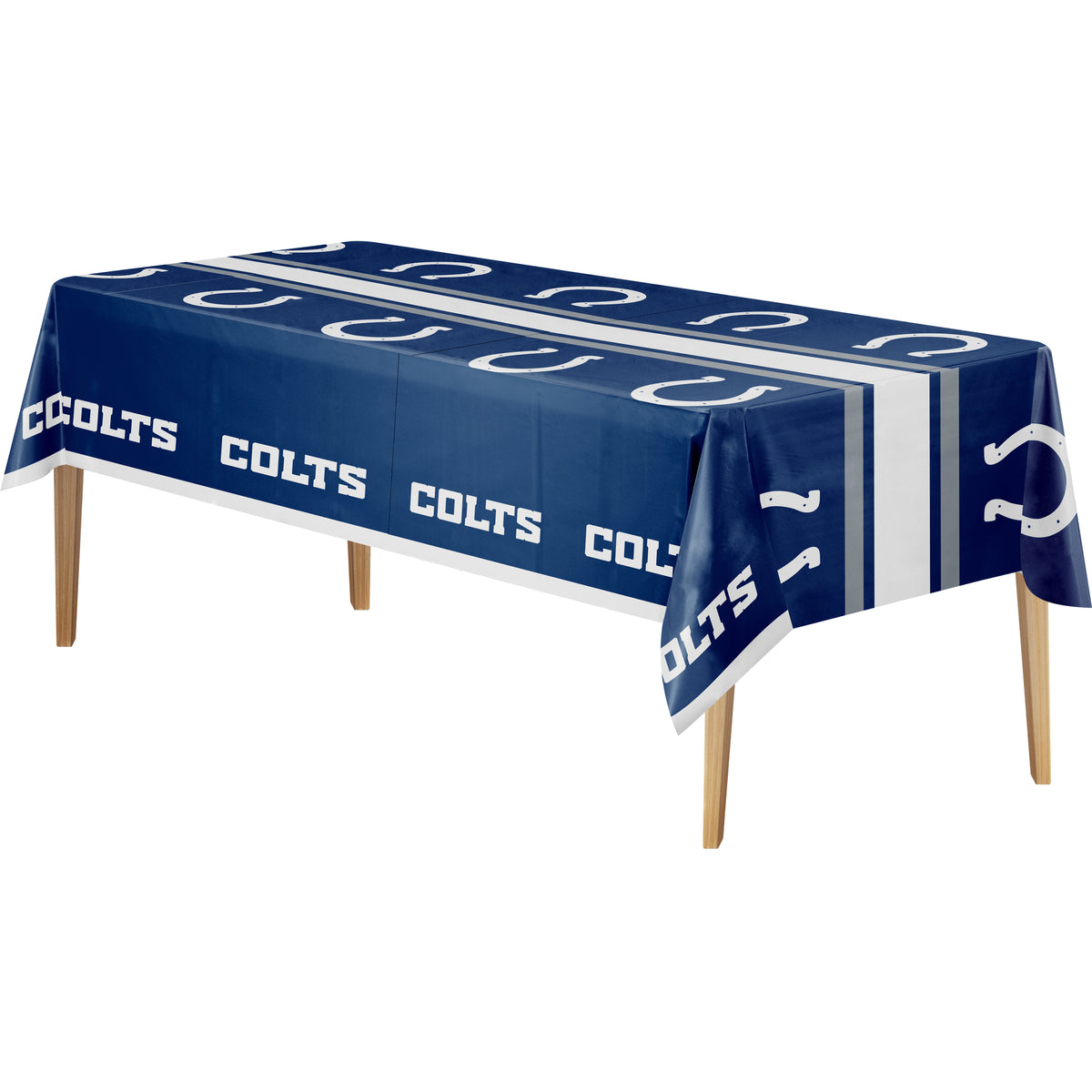 A rectangular table covered with a blue tablecloth featuring repeated white Colts logos and the word 'COLTS' in white, shown on a plain white background.
