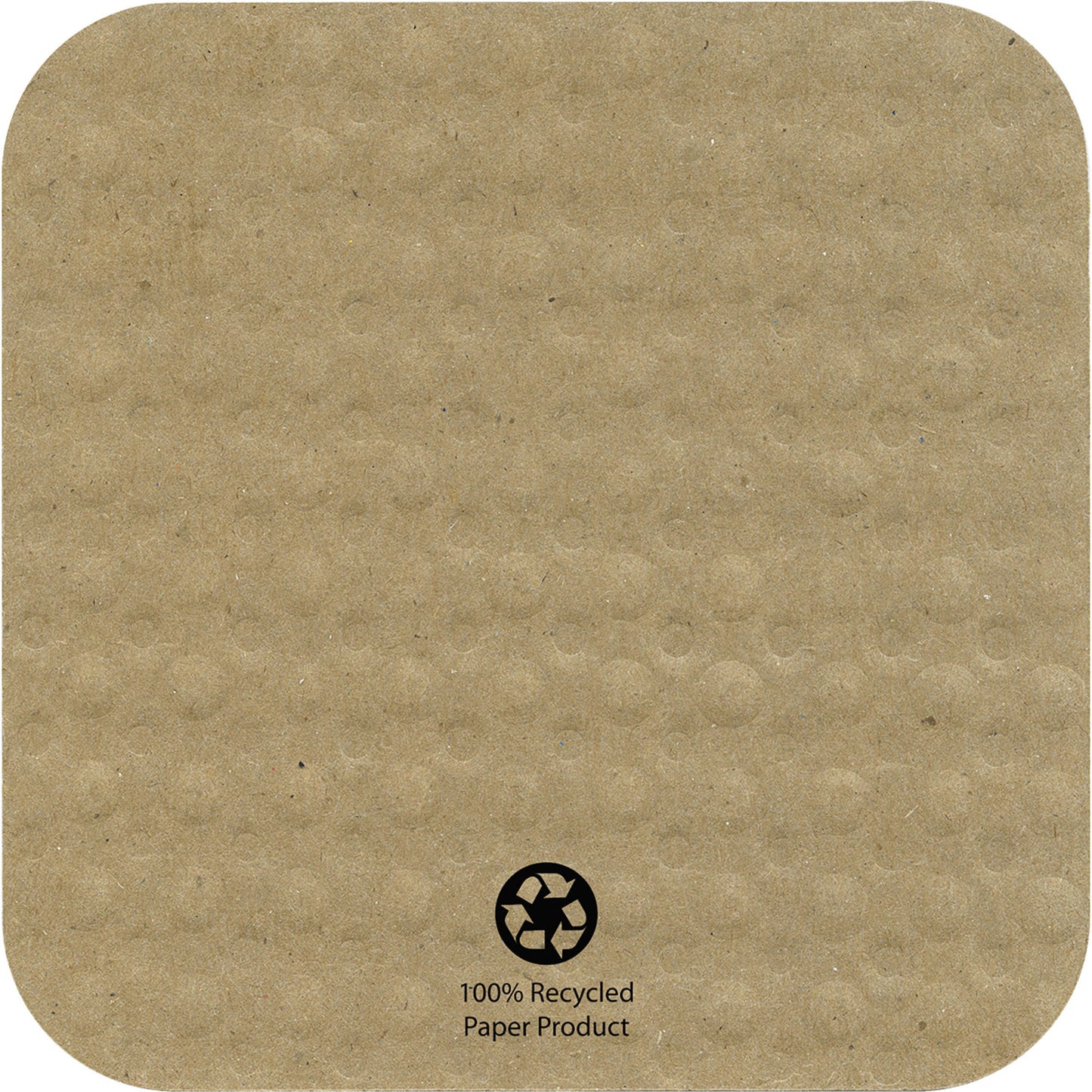 Recycled square drink coaster with a recycling symbol and text on a brown background