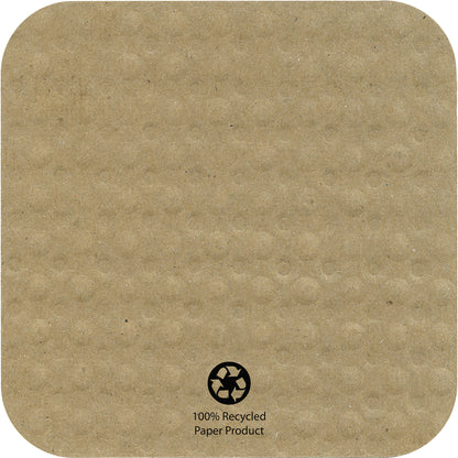 Recycled square drink coaster with a recycling symbol and text on a brown background