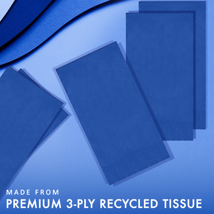 Blue recycled tissue paper with text 'Made from premium 3-ply recycled tissue' on a blue background