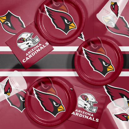 Arizona Cardinals-themed party supplies including plates and napkins on a black background.