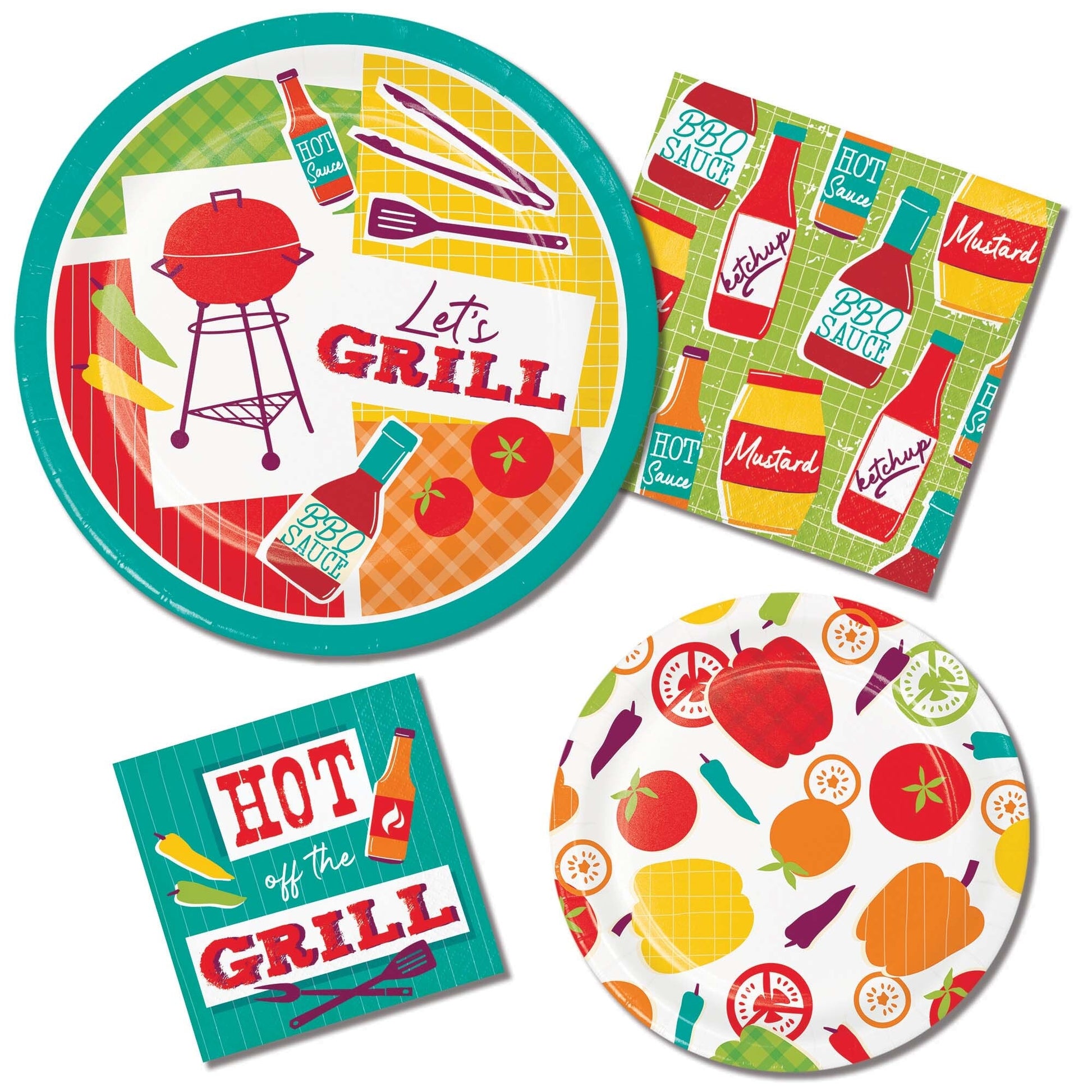 Colorful party supplies with grill-themed designs on plates and napkins.