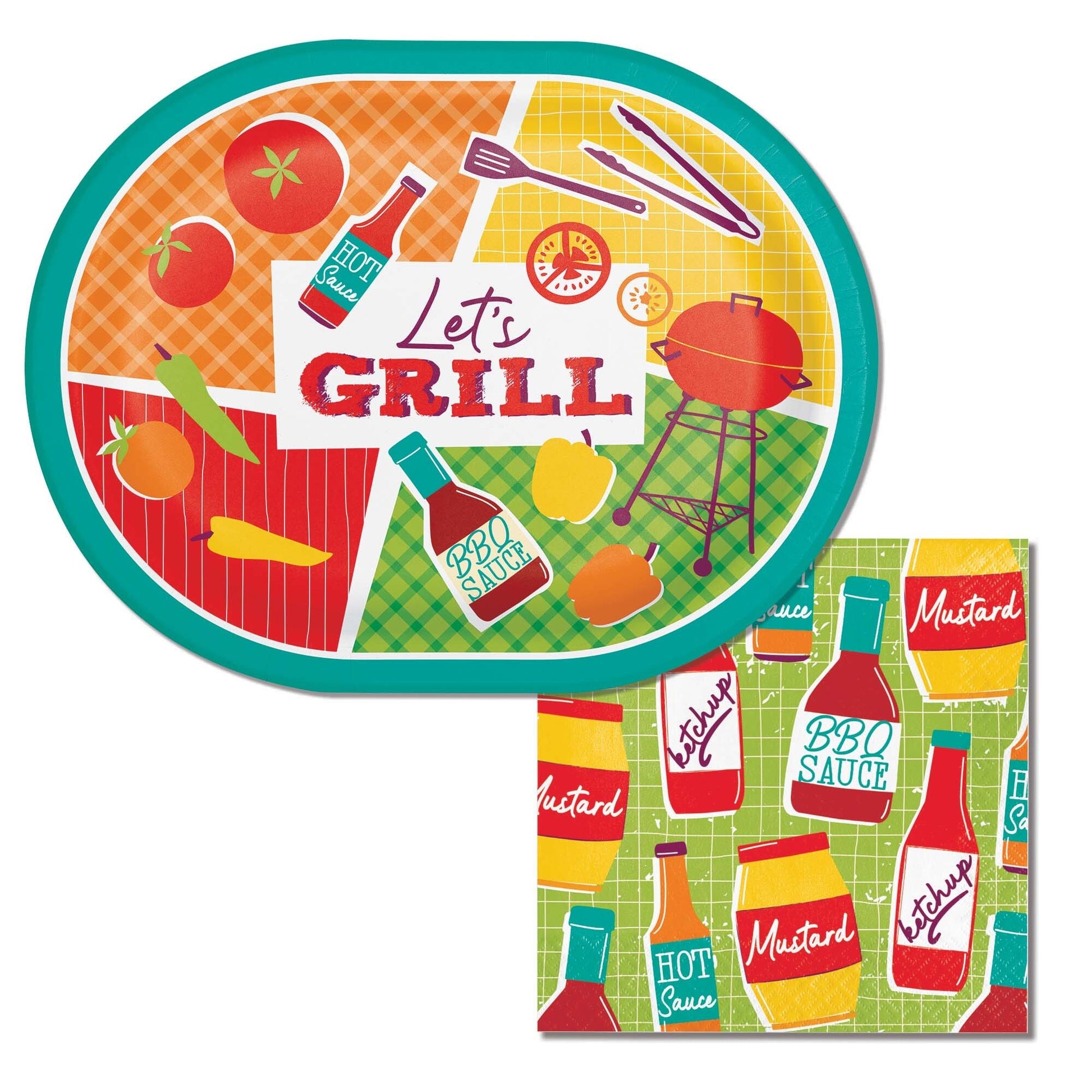 Colorful oval plate with grill-related items and 'Let's Grill' text on a checkered background with corresponding napkin featuring various condiment bottles