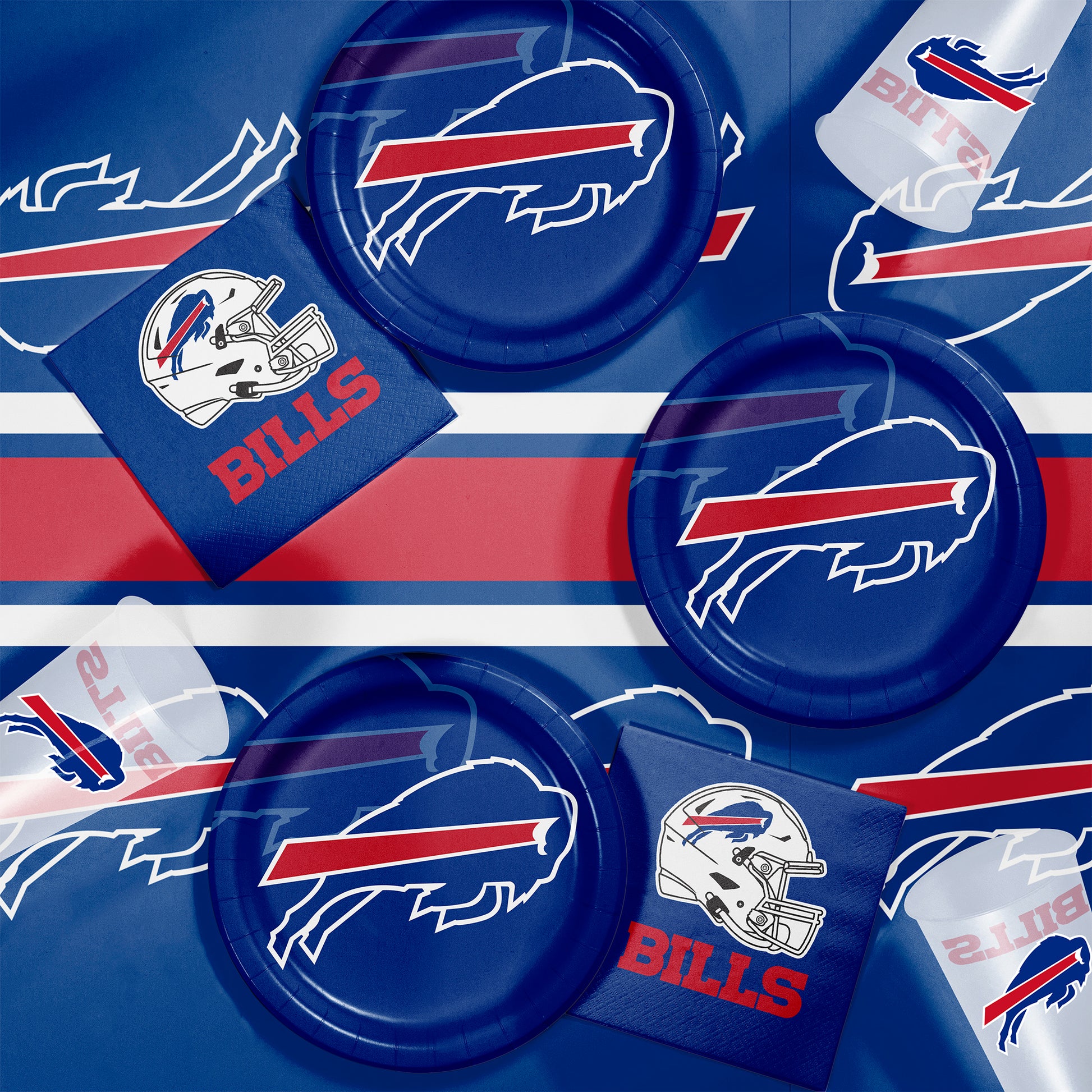 Buffalo Bills-themed party supplies including plates and napkins on a blue background.