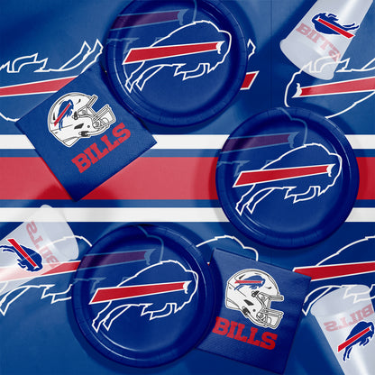 Buffalo Bills-themed party supplies including plates and napkins on a blue background.
