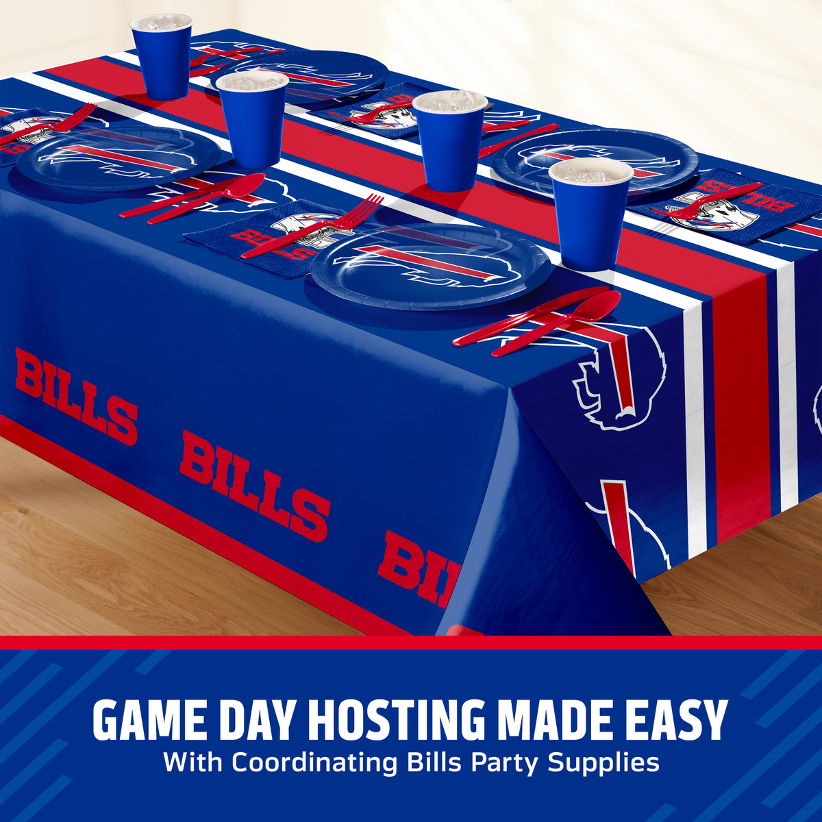 Buffalo Bills tablescape with tablecloth, napkins, and plates along with red cutlery and blue cups. "Game Day Hosting Made Easy" text along the bottom
